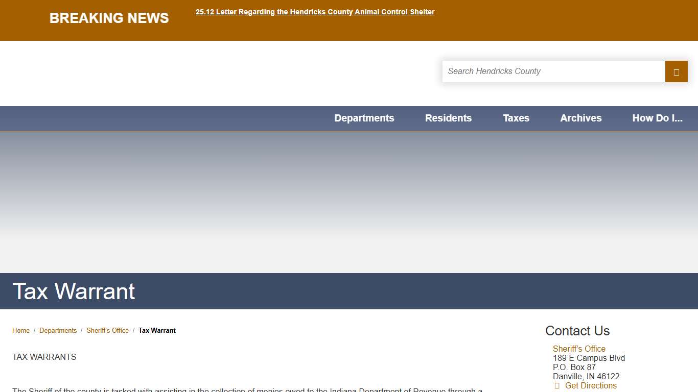 Tax Warrant / Hendricks County, Indiana